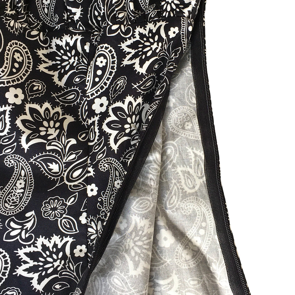 1950s Rockabilly Pinup Off Shoulder Top - Black White Paisley Print Ruched Flattering Retro Blouse