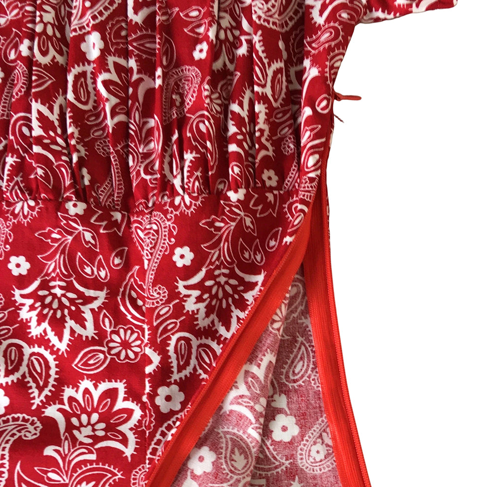 Women's Retro Off Shoulder Paisley Blouse Red & White Fitted Short Sleeve Elegant Top