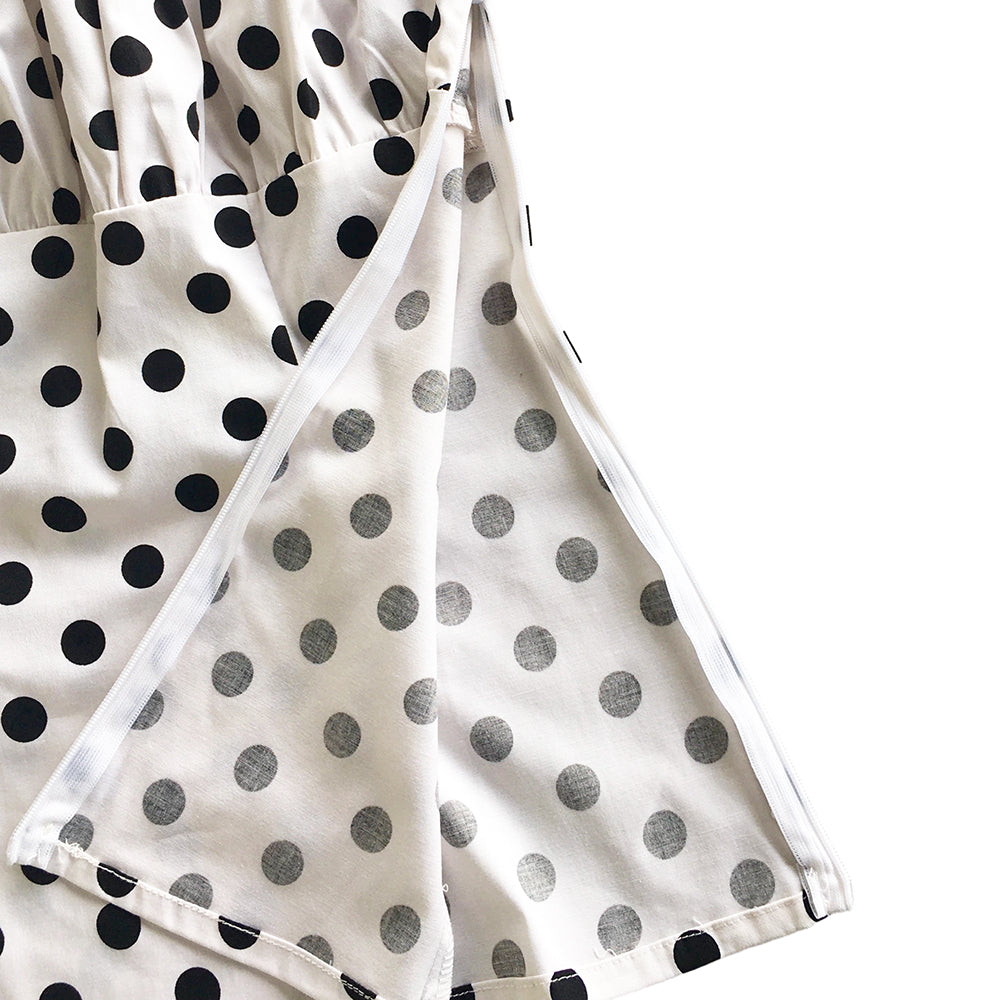 White Black Polka Dot Off Shoulder Blouse, Vintage Puff Short Sleeve Slim Fit Top