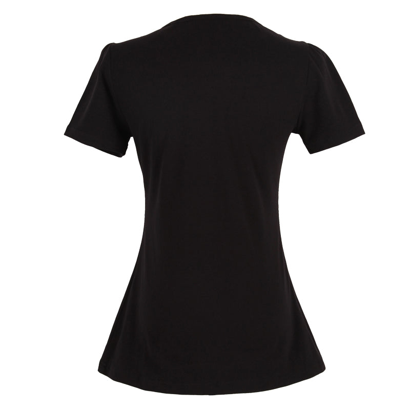 Women Black Sweetheart Neck Notched Shoulder Puff Short Sleeve Fitted Retro Tee