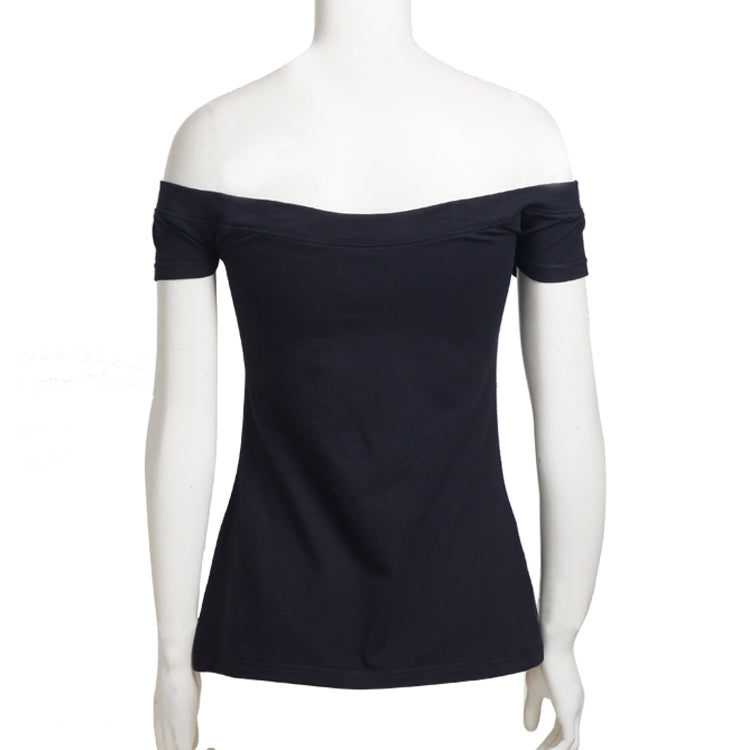 Off - Shoulder Black Top with Music Note Embroidery - Women's Casual Short - Sleeve Tee
