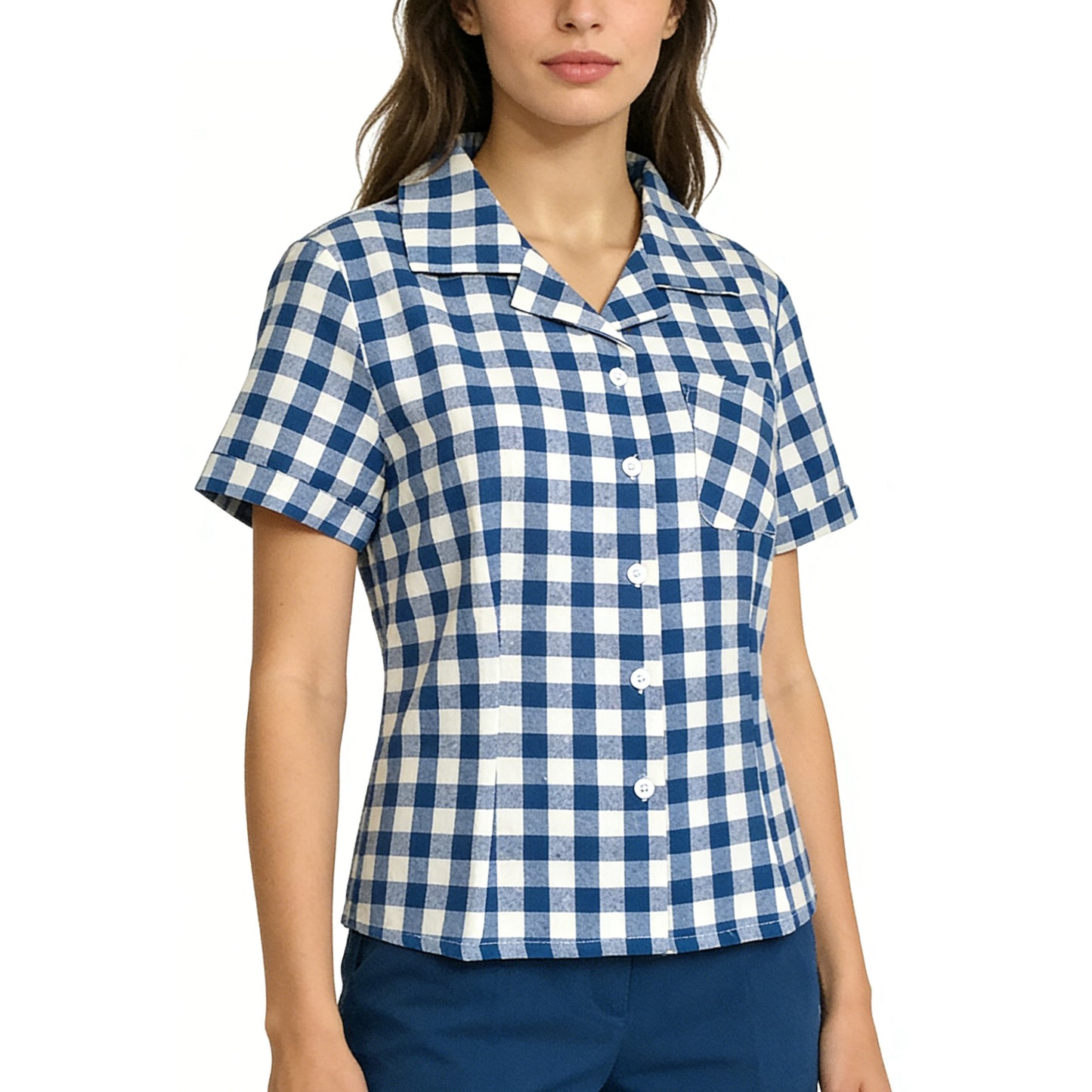 Retro Gingham Lapel Collar Shirt - Women’s Short Sleeve Top with Chest Pocket