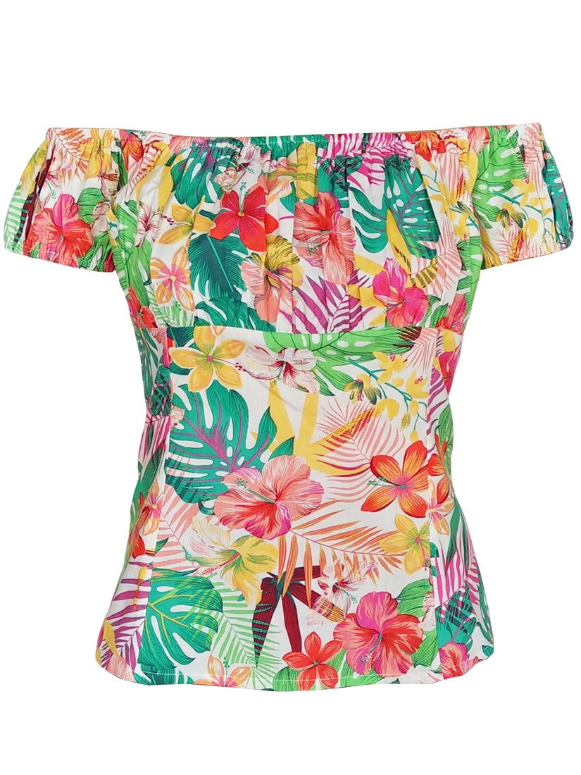 Summer - Inspired Off - Shoulder Short - Sleeved Blouse with Vivid Tropical Floral Prints