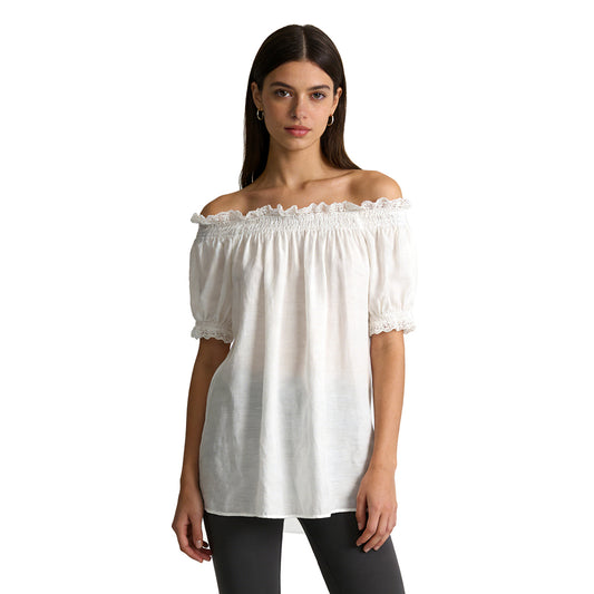 In stock&Dropshipping Popular cotton linen off the shoulder puff  sleeve short  tops in white. Wholesale is supported.