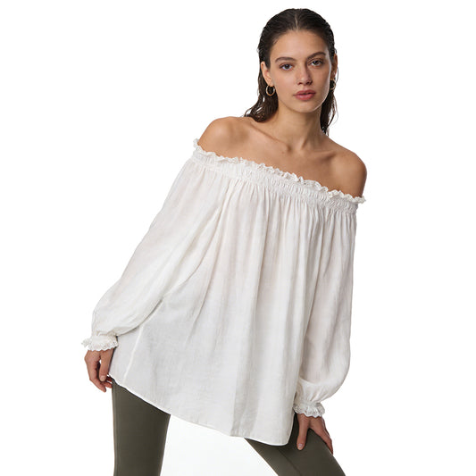 Tencel - cotton white breathable long - sleeved 1950s - 1960s Style Off - Shoulder Cotton Peasant Blouses