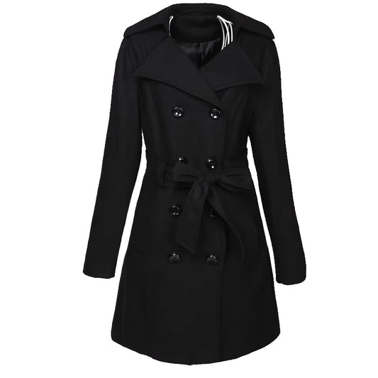 Women's Wool Blend Trench Coat - 30% Wool 70% Polyester Double Breasted with Self-Tie Belt | Vintage Elegant Black Mid-Length Winter Coat