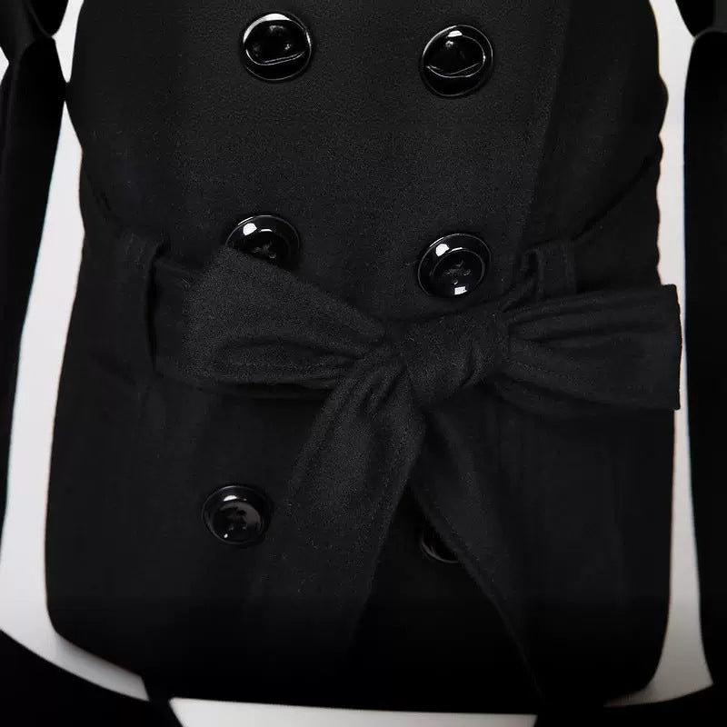 Women's Wool Blend Trench Coat - 30% Wool 70% Polyester Double Breasted with Self-Tie Belt | Vintage Elegant Black Mid-Length Winter Coat