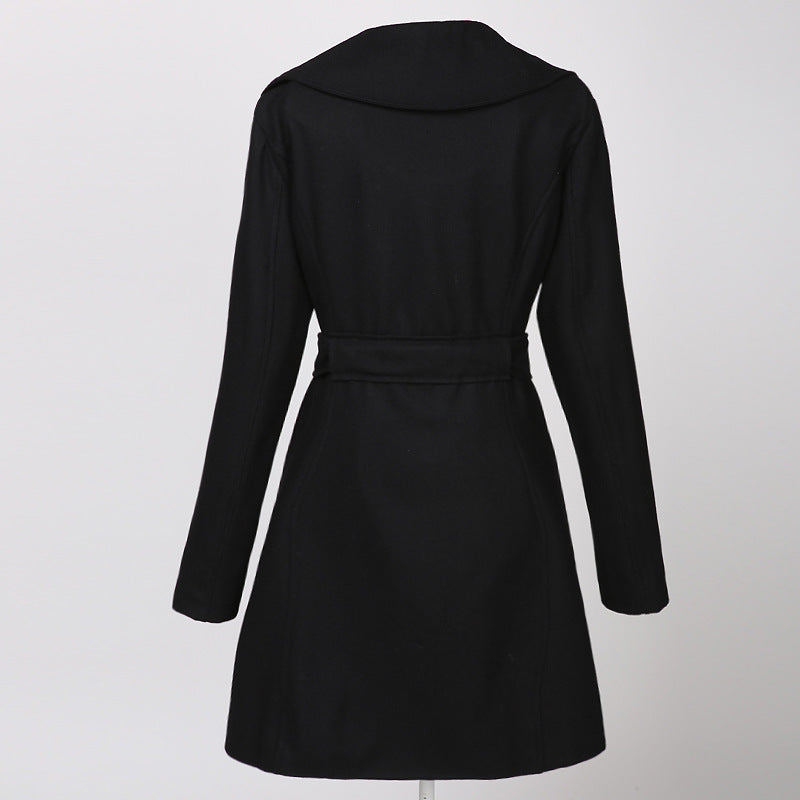Women's Wool Blend Trench Coat - 30% Wool 70% Polyester Double Breasted with Self-Tie Belt | Vintage Elegant Black Mid-Length Winter Coat