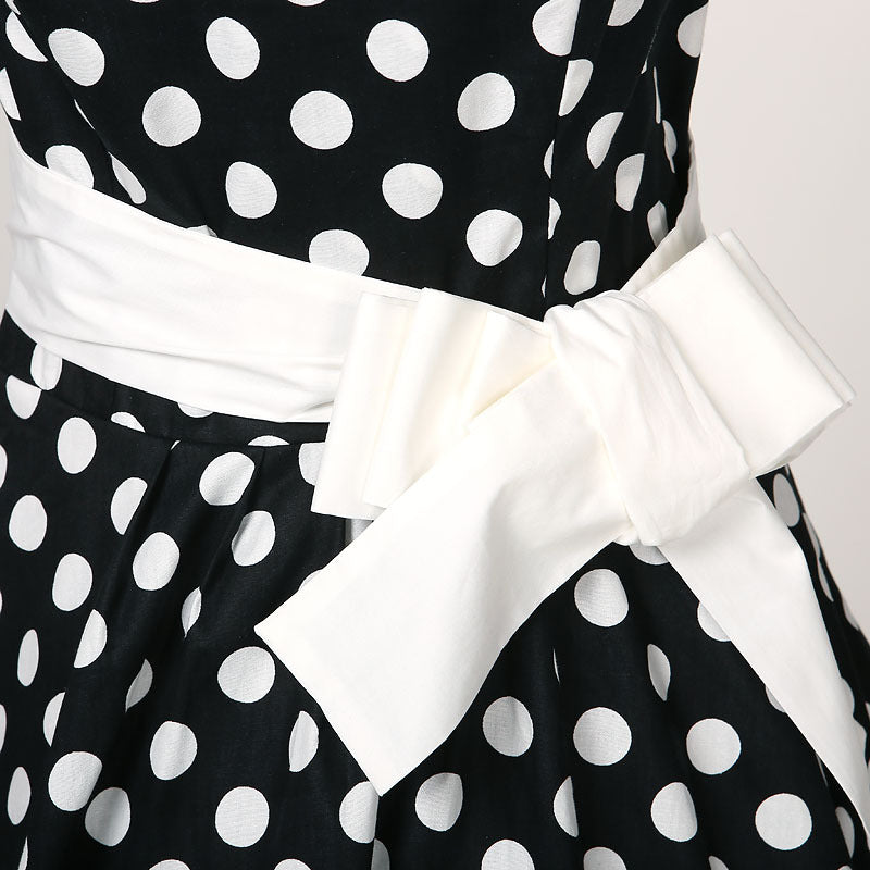 Black & White Polka Dot Halter Neck Fit & Flare Dress with Contrast Sash - Retro Vintage Style Party Cocktail Dress