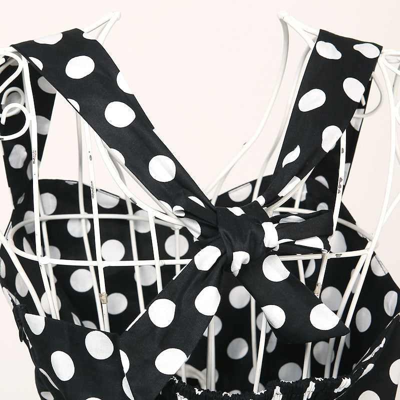 Black & White Polka Dot Halter Neck Fit & Flare Dress with Contrast Sash - Retro Vintage Style Party Cocktail Dress