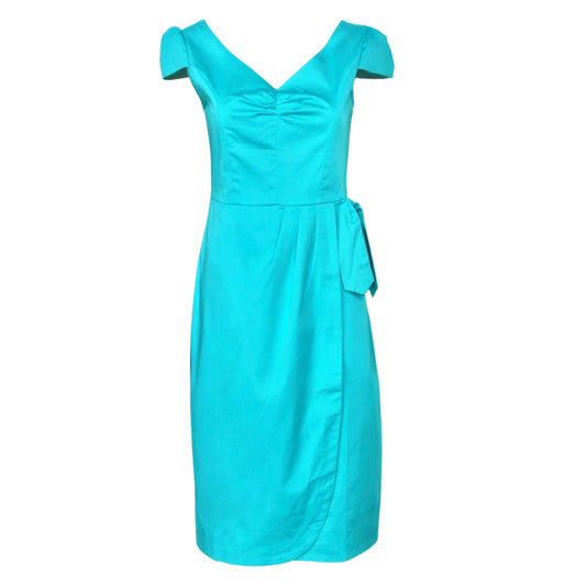 Turquoise Vintage 50s Sweetheart V-Neck Cap Sleeve Ruched Tie-Waist Midi Dress | Cocktail Garden Party Wedding