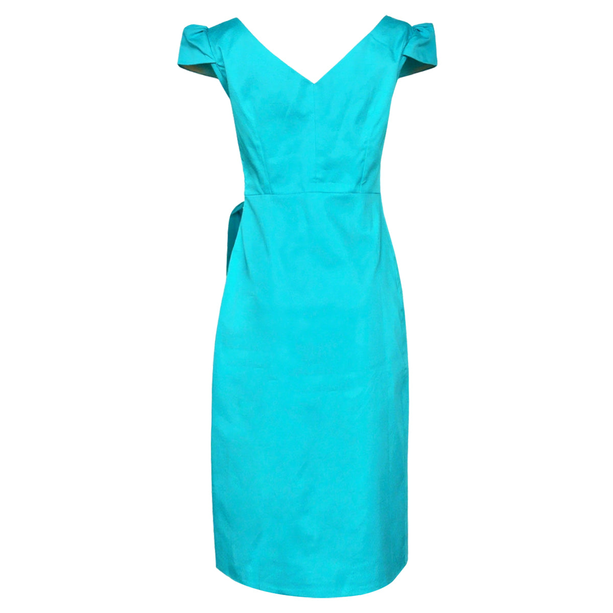 Turquoise Vintage 50s Sweetheart V-Neck Cap Sleeve Ruched Tie-Waist Midi Dress | Cocktail Garden Party Wedding