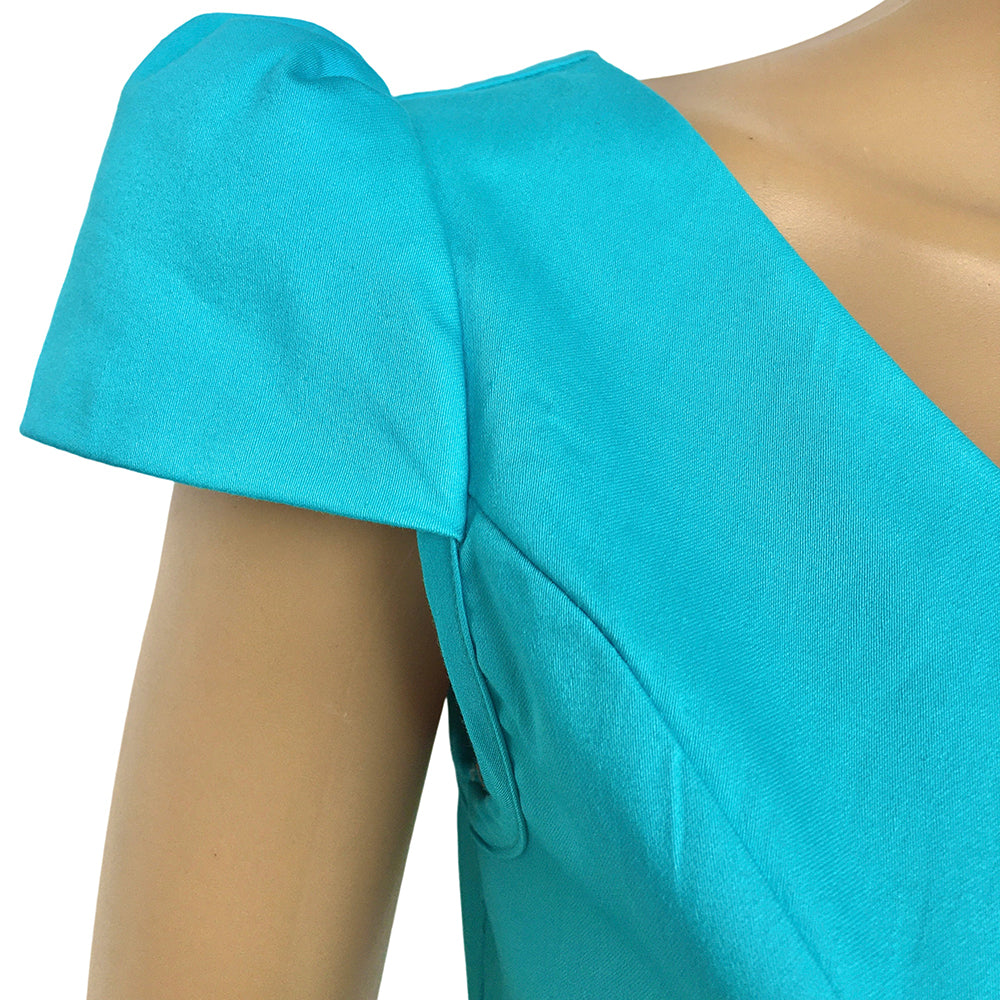 Turquoise Vintage 50s Sweetheart V-Neck Cap Sleeve Ruched Tie-Waist Midi Dress | Cocktail Garden Party Wedding
