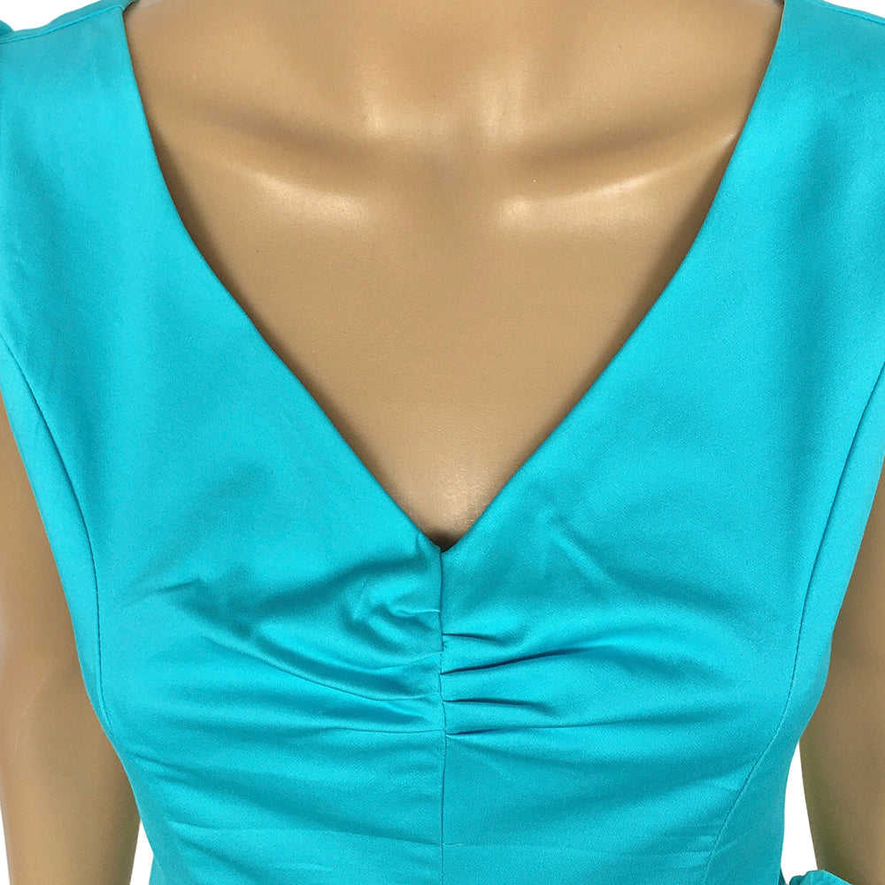 Turquoise Vintage 50s Sweetheart V-Neck Cap Sleeve Ruched Tie-Waist Midi Dress | Cocktail Garden Party Wedding