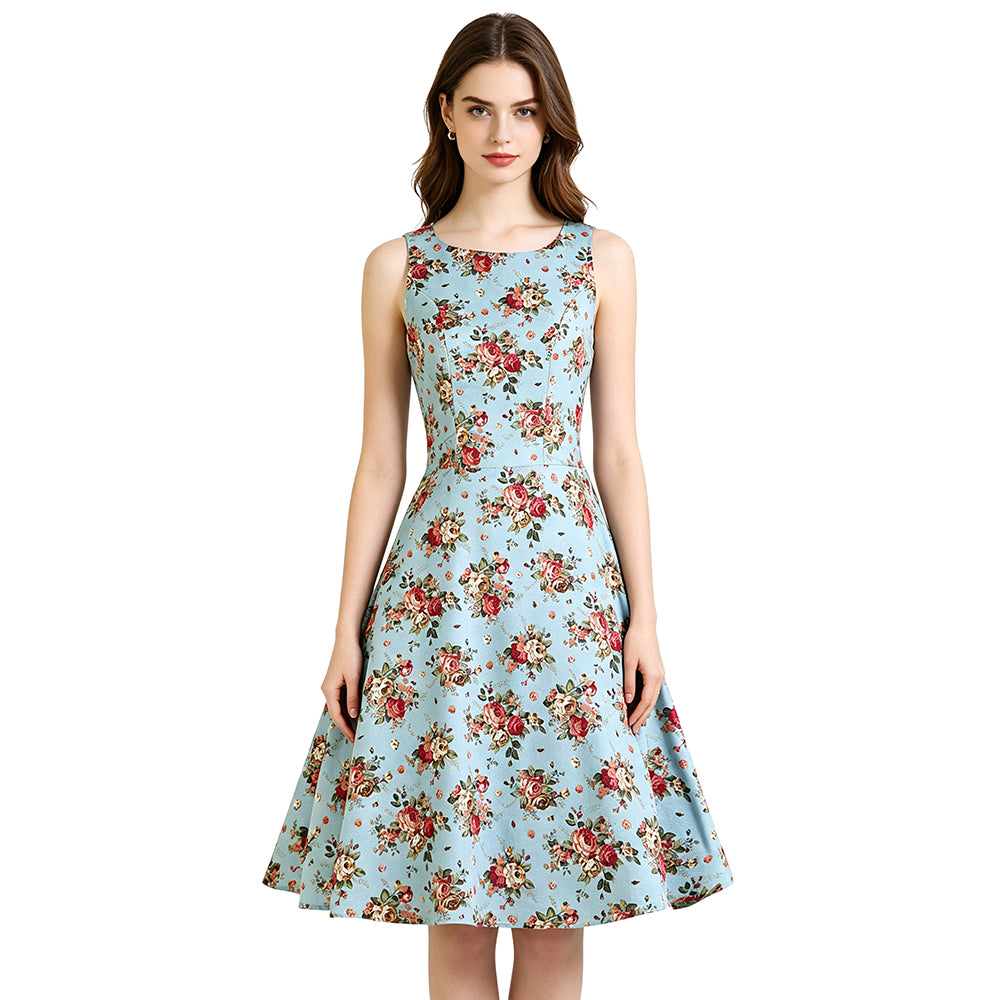 Linen Cotton Casual Vintage Rose Floral Sleeveless High Waist A-Line Party Dress