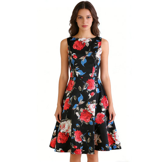 A Wardrobe Essential: Black Sleeveless Dress Blending Roses and Floral Designs