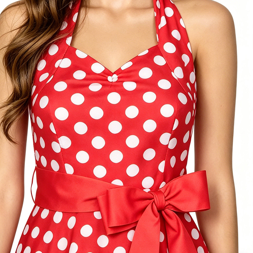 Red Polka Dot Halter Dress – 50s Rockabilly Pin-Up Style A-Line Dress with Waist Bow
