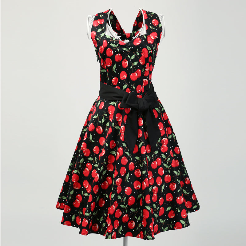 Women's Vintage Cherry Print Halter Neck A-Line Swing Cocktail Party Midi Dress with Belt - Retro 1950s Rockabilly Pinup Dress