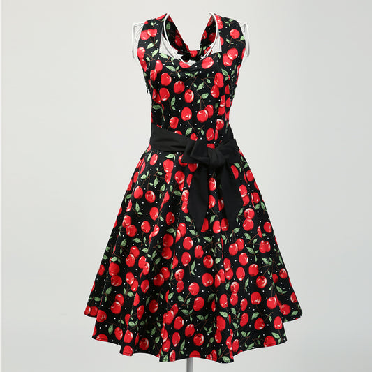 Women's Vintage Cherry Print Halter Neck A-Line Swing Cocktail Party Midi Dress with Belt - Retro 1950s Rockabilly Pinup Dress
