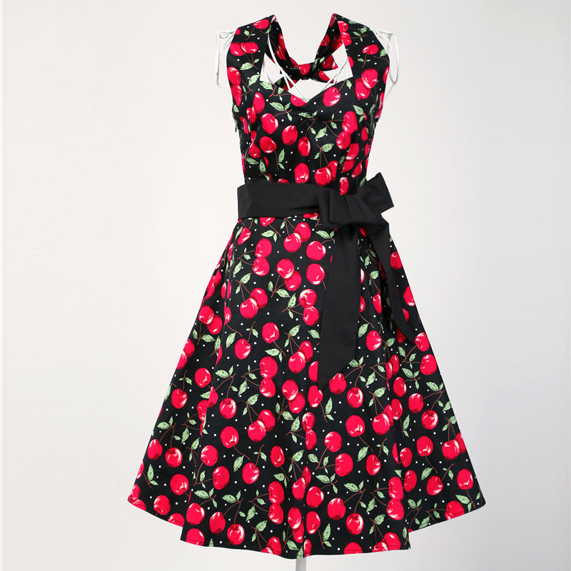 Women's Vintage Cherry Print Halter Neck A-Line Swing Cocktail Party Midi Dress with Belt - Retro 1950s Rockabilly Pinup Dress