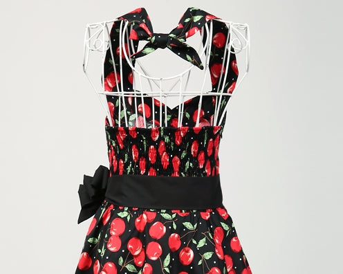 Women's Vintage Cherry Print Halter Neck A-Line Swing Cocktail Party Midi Dress with Belt - Retro 1950s Rockabilly Pinup Dress