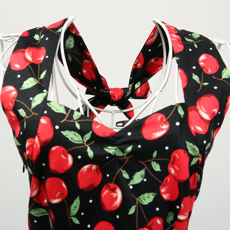 Women's Vintage Cherry Print Halter Neck A-Line Swing Cocktail Party Midi Dress with Belt - Retro 1950s Rockabilly Pinup Dress