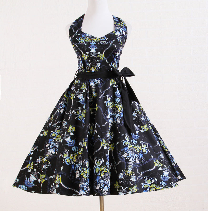 Retro Artistic Halter Midi Dress | Vintage - Inspired Flared Dress with Tie Belt & Open Back