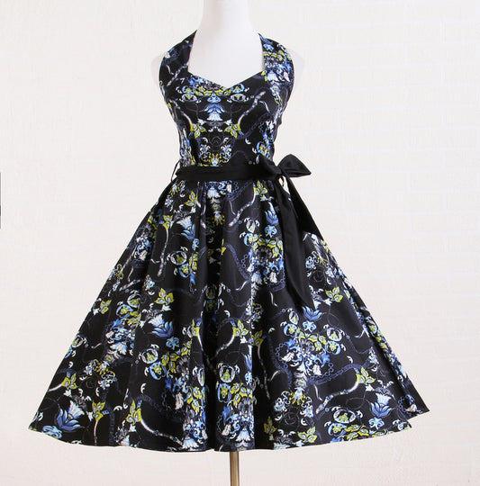 Retro Artistic Halter Midi Dress | Vintage - Inspired Flared Dress with Tie Belt & Open Back