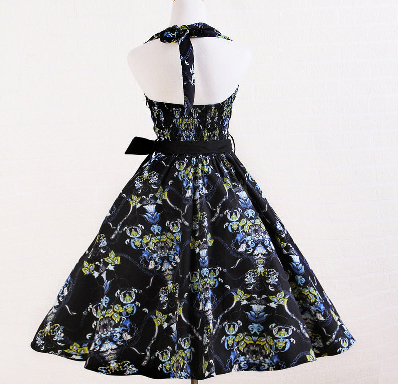 Retro Artistic Halter Midi Dress | Vintage - Inspired Flared Dress with Tie Belt & Open Back