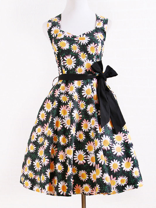 Retro 1950s Daisy Floral Print Dress - Sleeveless Sweetheart Neck Flared Midi Dress with Bow Belt