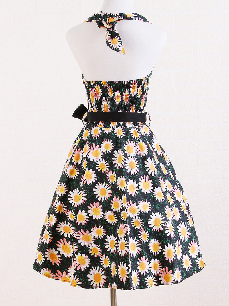 Retro 1950s Daisy Floral Print Dress - Sleeveless Sweetheart Neck Flared Midi Dress with Bow Belt