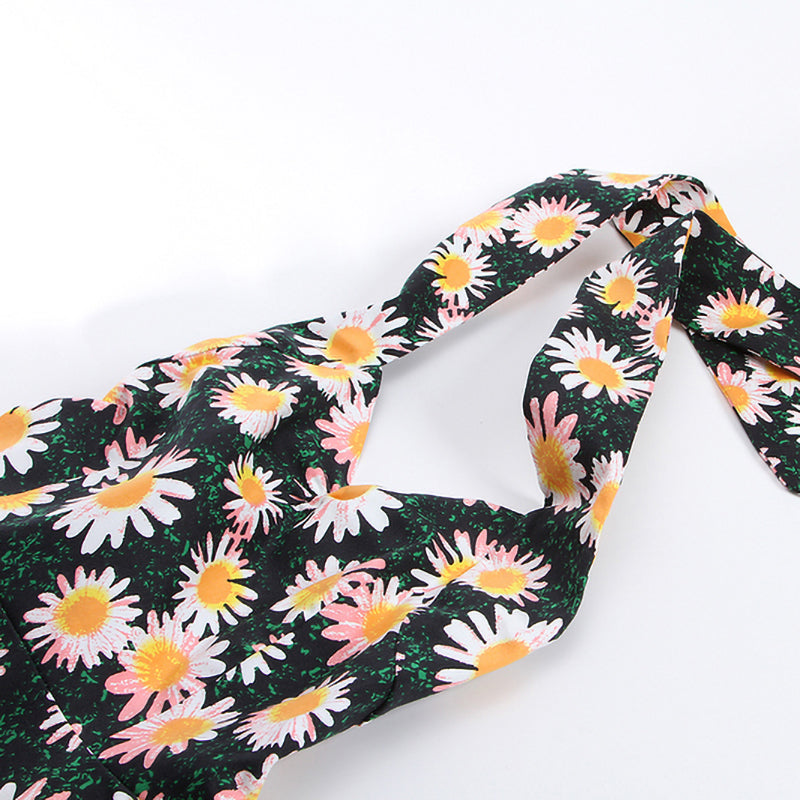 Retro 1950s Daisy Floral Print Dress - Sleeveless Sweetheart Neck Flared Midi Dress with Bow Belt