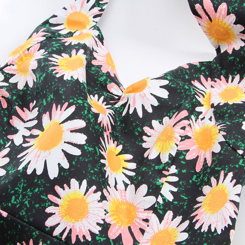 Retro 1950s Daisy Floral Print Dress - Sleeveless Sweetheart Neck Flared Midi Dress with Bow Belt
