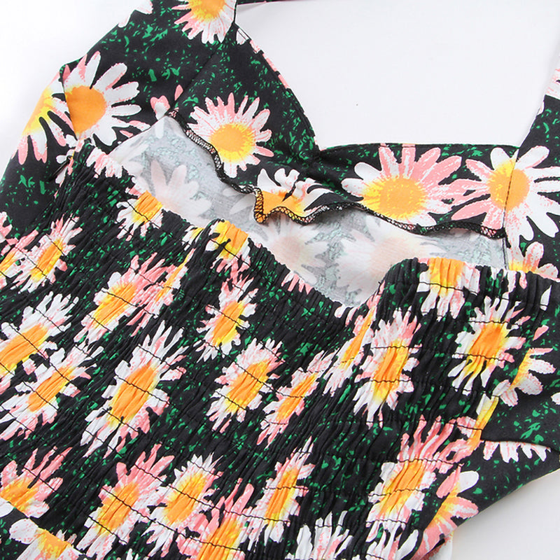 Retro 1950s Daisy Floral Print Dress - Sleeveless Sweetheart Neck Flared Midi Dress with Bow Belt