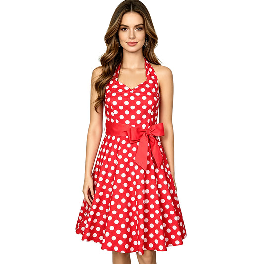 Red Polka Dot Halter Dress – 50s Rockabilly Pin-Up Style A-Line Dress with Waist Bow