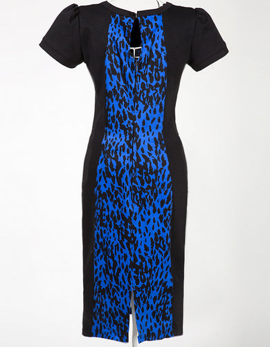 Best - Seller! Short - Sleeved Round - Neck Bodycon Dress in Stylish Black - Blue Leopard Print - Exuding European - American Flair