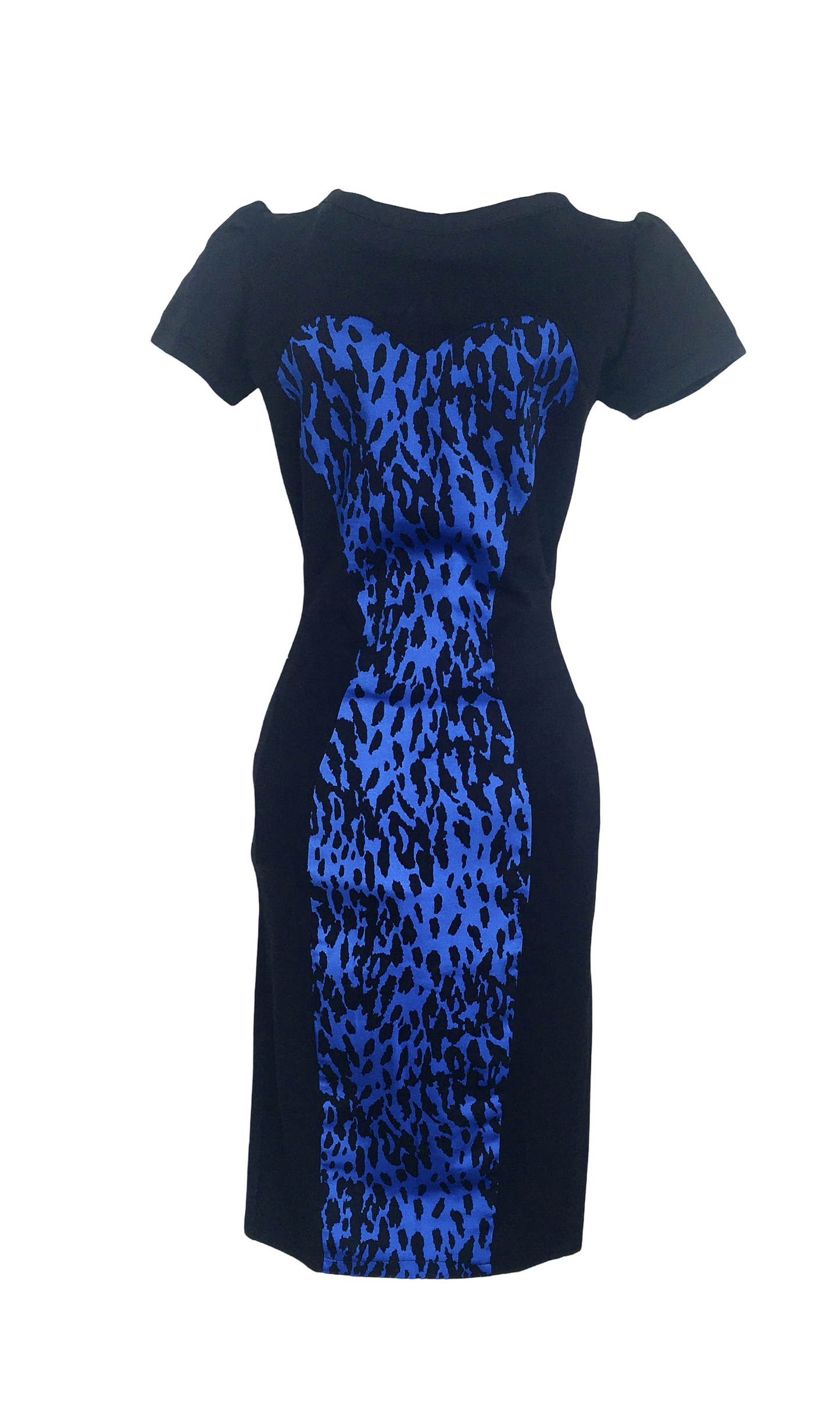 Best - Seller! Short - Sleeved Round - Neck Bodycon Dress in Stylish Black - Blue Leopard Print - Exuding European - American Flair