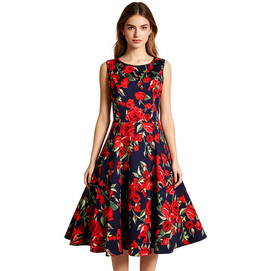Vintage Rose Print Fit-and-Flare Dress | Sleeveless Round Neck A-Line Dress for Women