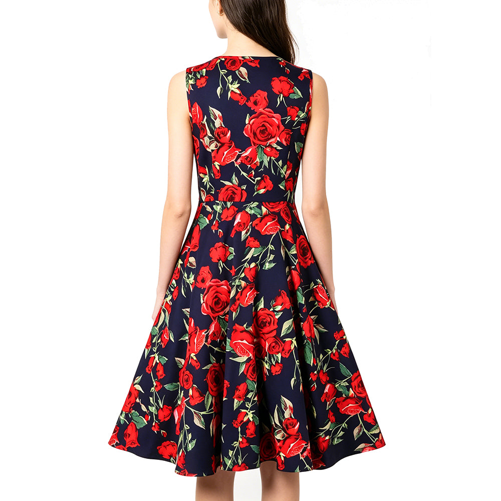 Vintage Rose Print Fit-and-Flare Dress | Sleeveless Round Neck A-Line Dress for Women