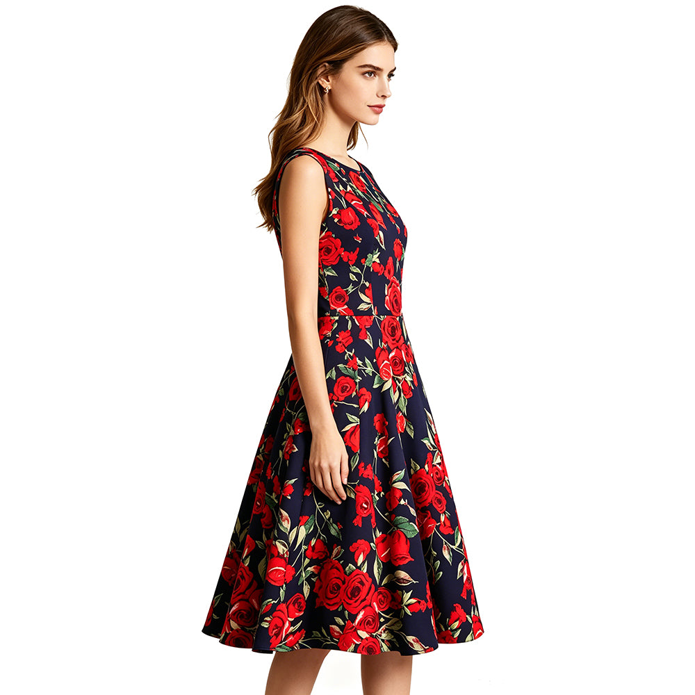 Vintage Rose Print Fit-and-Flare Dress | Sleeveless Round Neck A-Line Dress for Women