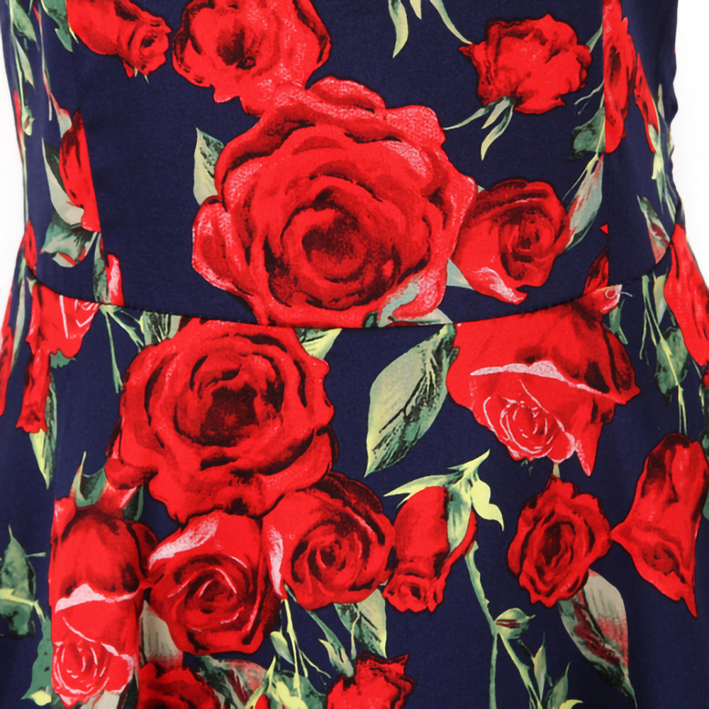 Vintage Rose Print Fit-and-Flare Dress | Sleeveless Round Neck A-Line Dress for Women