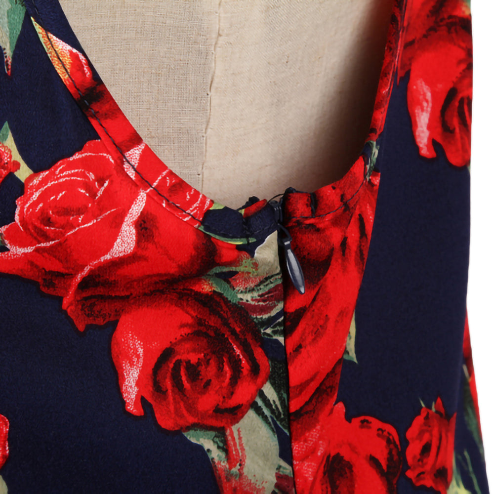 Vintage Rose Print Fit-and-Flare Dress | Sleeveless Round Neck A-Line Dress for Women