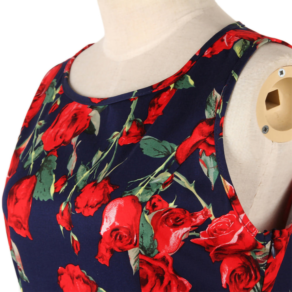 Vintage Rose Print Fit-and-Flare Dress | Sleeveless Round Neck A-Line Dress for Women