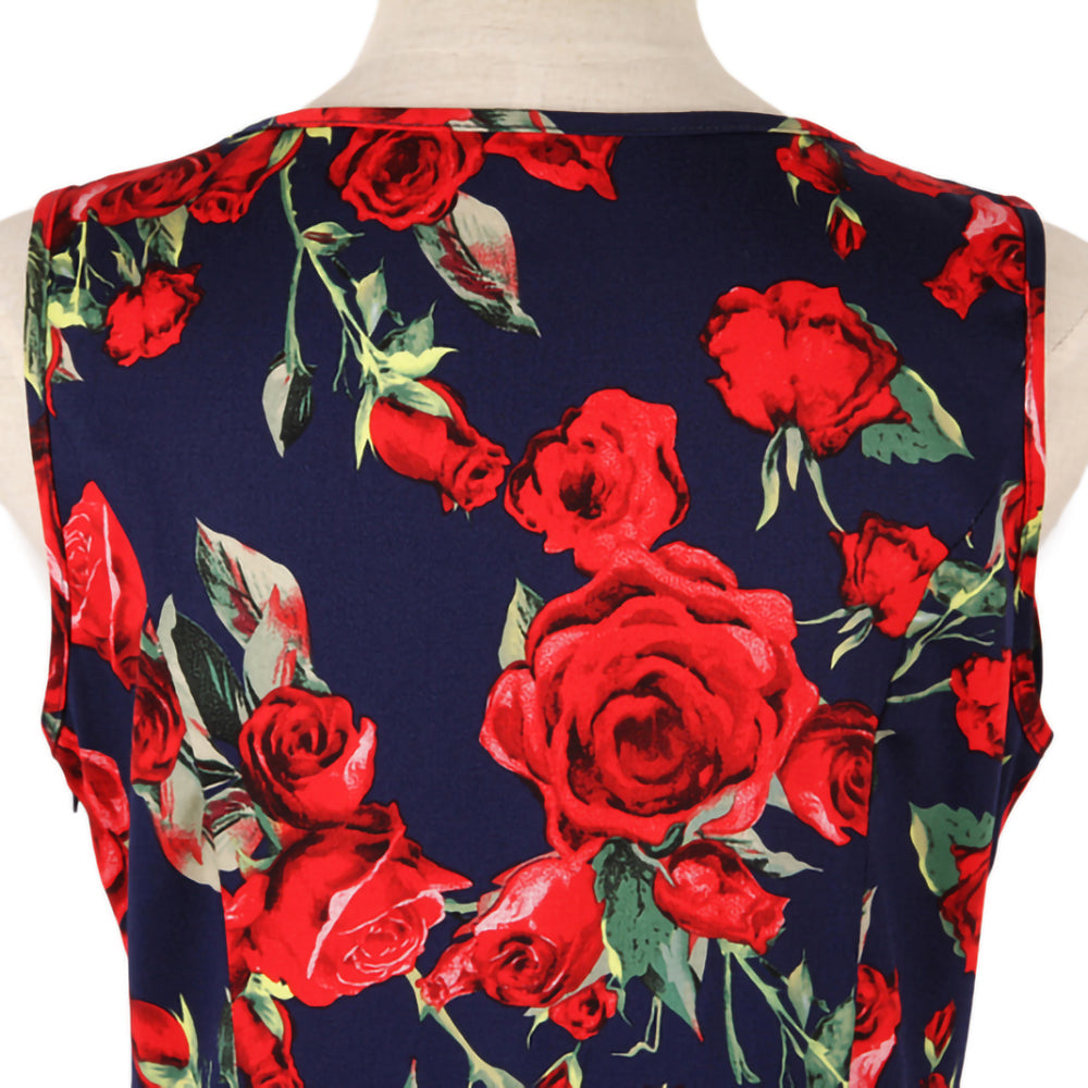 Vintage Rose Print Fit-and-Flare Dress | Sleeveless Round Neck A-Line Dress for Women