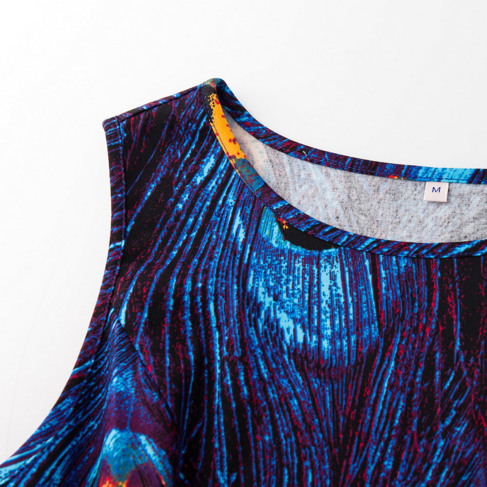 Peacock Feather Print Cotton Fit-and-Flare Dress | Sleeveless A-Line Dress with Pockets & Side Zipper