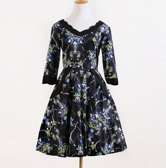 Customizable & Wholesale Vintage Floral Printed Scallop Neckline Midi Dress for Women, Elegant Party Cocktail Dress