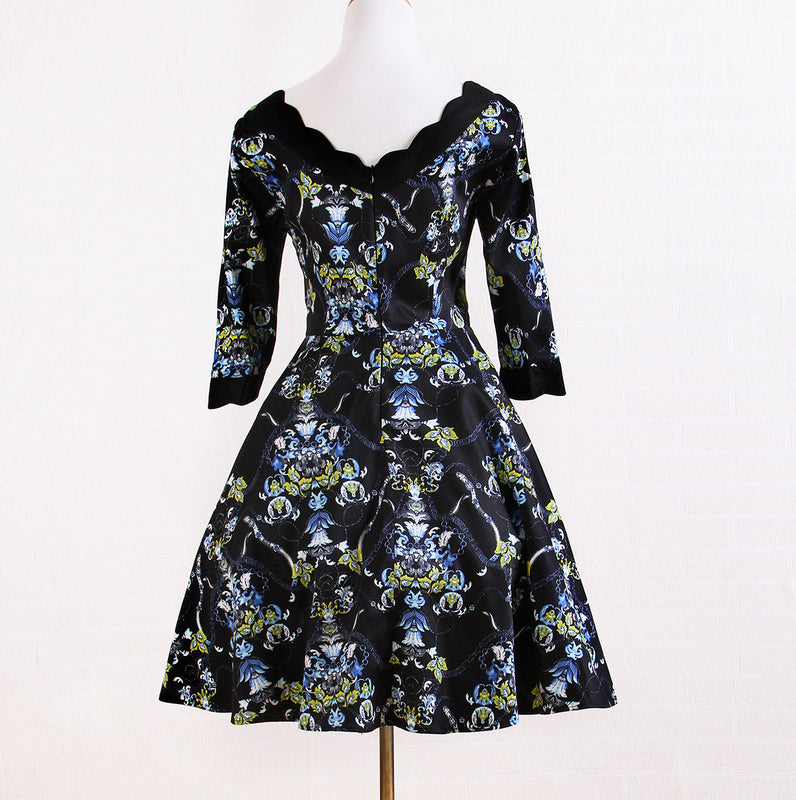 Customizable & Wholesale Vintage Floral Printed Scallop Neckline Midi Dress for Women, Elegant Party Cocktail Dress