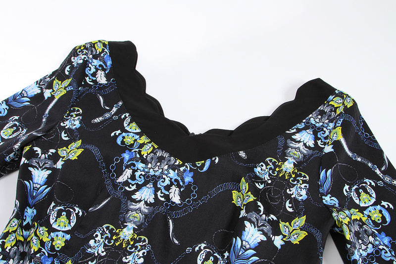 Customizable & Wholesale Vintage Floral Printed Scallop Neckline Midi Dress for Women, Elegant Party Cocktail Dress