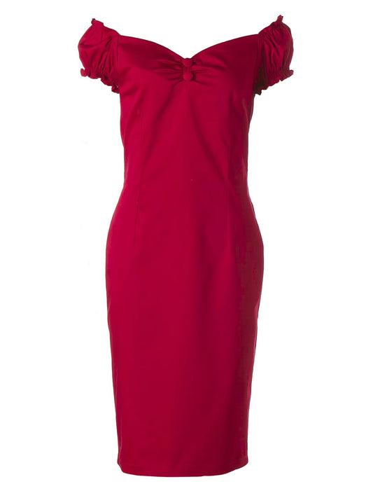 Women's Red Off Shoulder Bodycon Dress - Ruffled Short Sleeve Party Cocktail Midi Dress