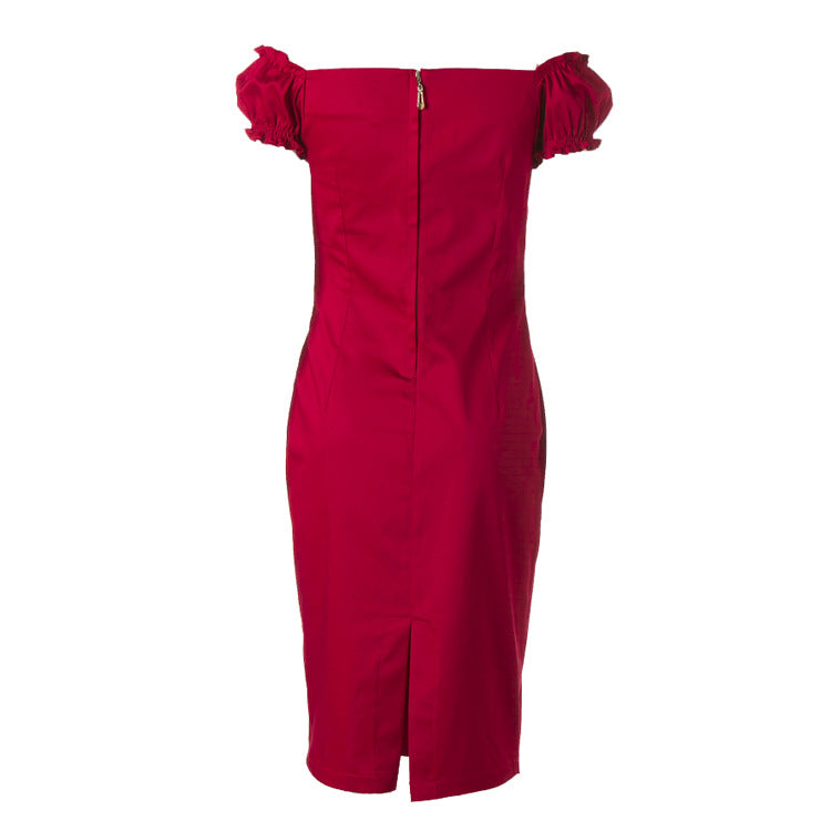 Women's Red Off Shoulder Bodycon Dress - Ruffled Short Sleeve Party Cocktail Midi Dress